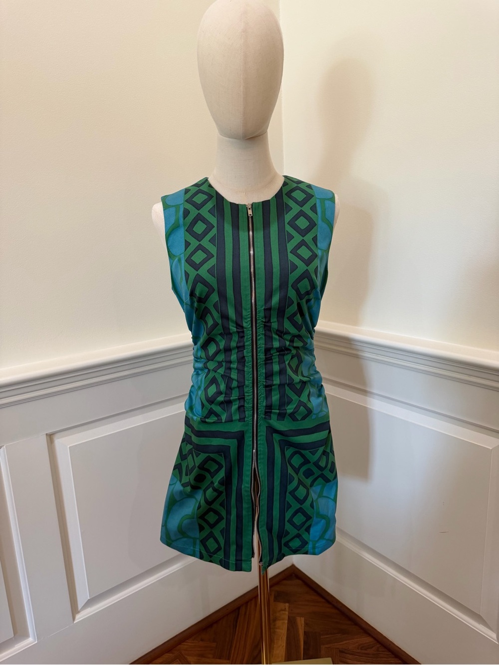 Mango Blue and Green Geometric Zip-Front Mini Dress